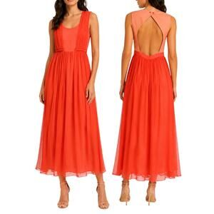 CARVEN 100% Silk Midi Dress Scoop Neck Ruffle Sleeveless Open Back Midi Gown